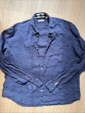 Burberry Brit 100% Linen Button Front Shirt Navy Blue Men’s XXXL Fits Like XL